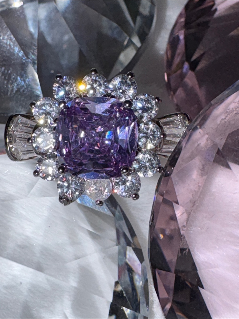 Lavender Cushion Halo  CZ Ring with Pave  and 4 baguettes. Rhodium plated.